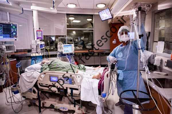 یک پرستار در حال درمان یک بیمار کووید-19 در بخش مراقبت های ویژه بیمارستان شارپ گروسمونت در لا مسا، کالیفرنیا.